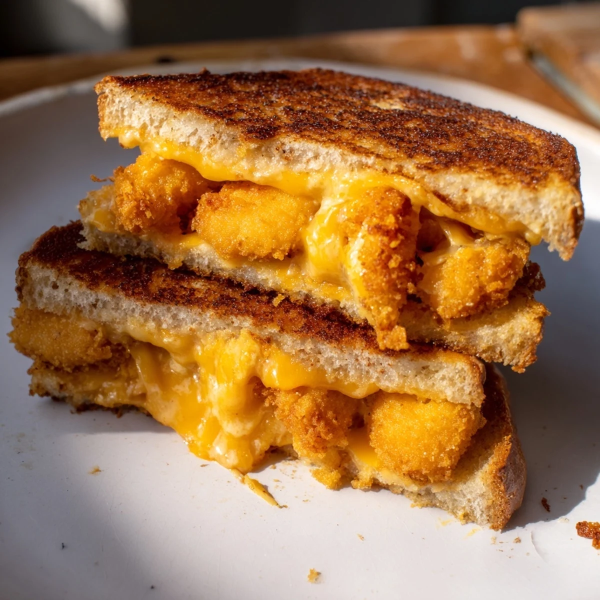 Golden, crispy Chicken Nugget Grilled Cheese sandwich halves, ready to serve with a dipping sauce.