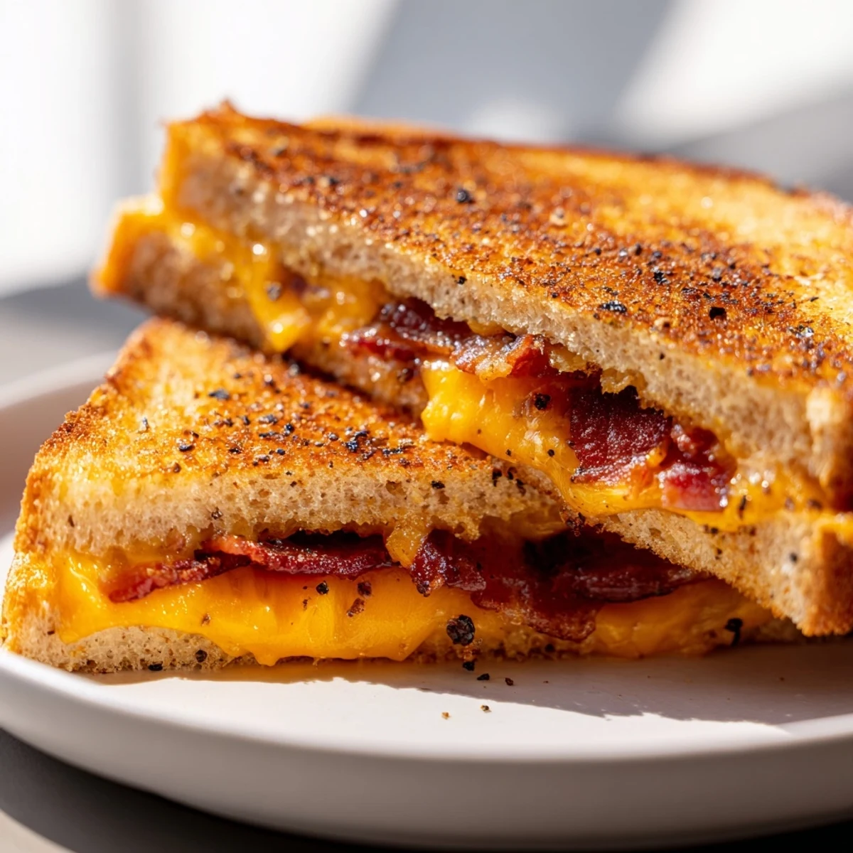 A close-up of a perfectly cooked Crispy Bacon Cheddar Grilled Cheese, showing the delightful bacon within, ideal for lunchtime.