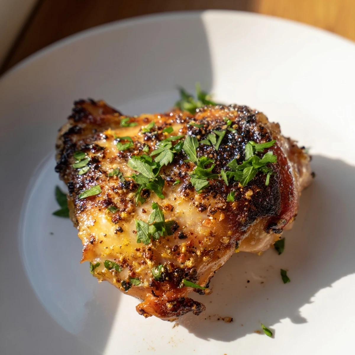 Golden, crackling Crispy Garlic Chicken Thighs, perfectly roasted and ready to serve with fresh parsley.