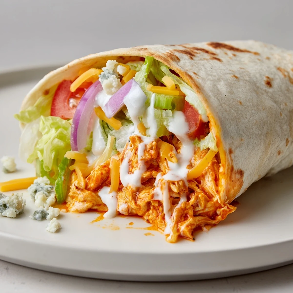 Golden-brown Buffalo Chicken Wrap with melted cheese, fresh veggies, and creamy ranch, ready to eat!