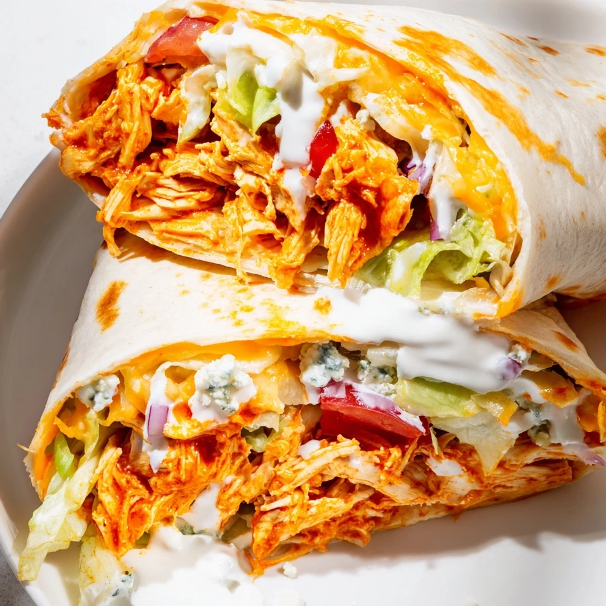 A close-up of a stacked Buffalo Chicken Wrap, showcasing spicy chicken and colorful ingredients.