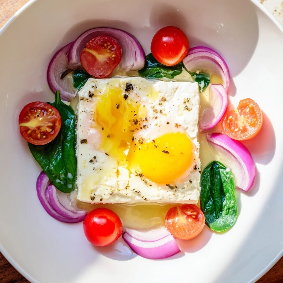 Golden, bubbly baked feta eggs with roasted tomatoes and a sprinkle of fresh herbs, ready to serve.