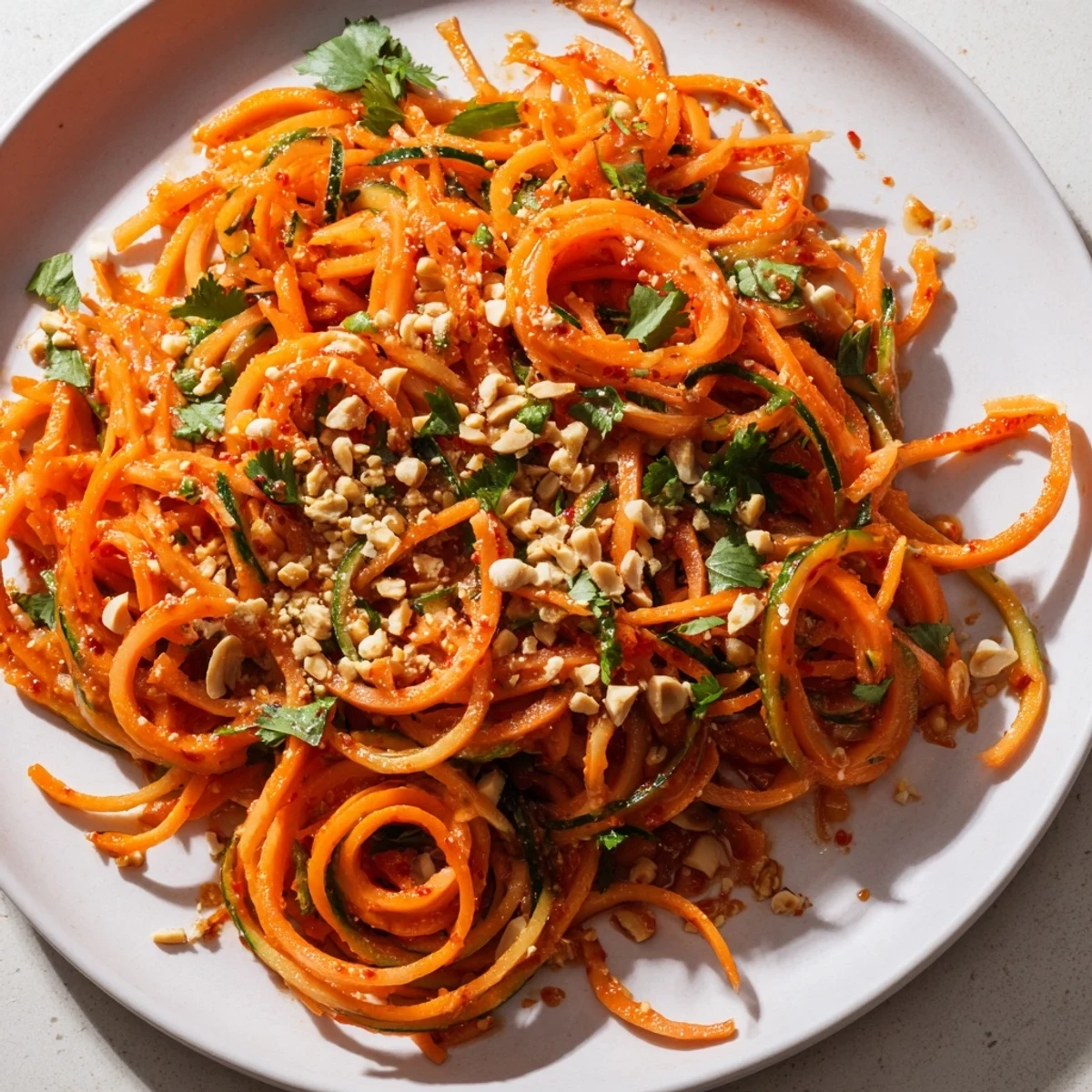 Bright cucumber noodle bowl tossed in spicy chili sauce, a refreshing vegetarian meal.