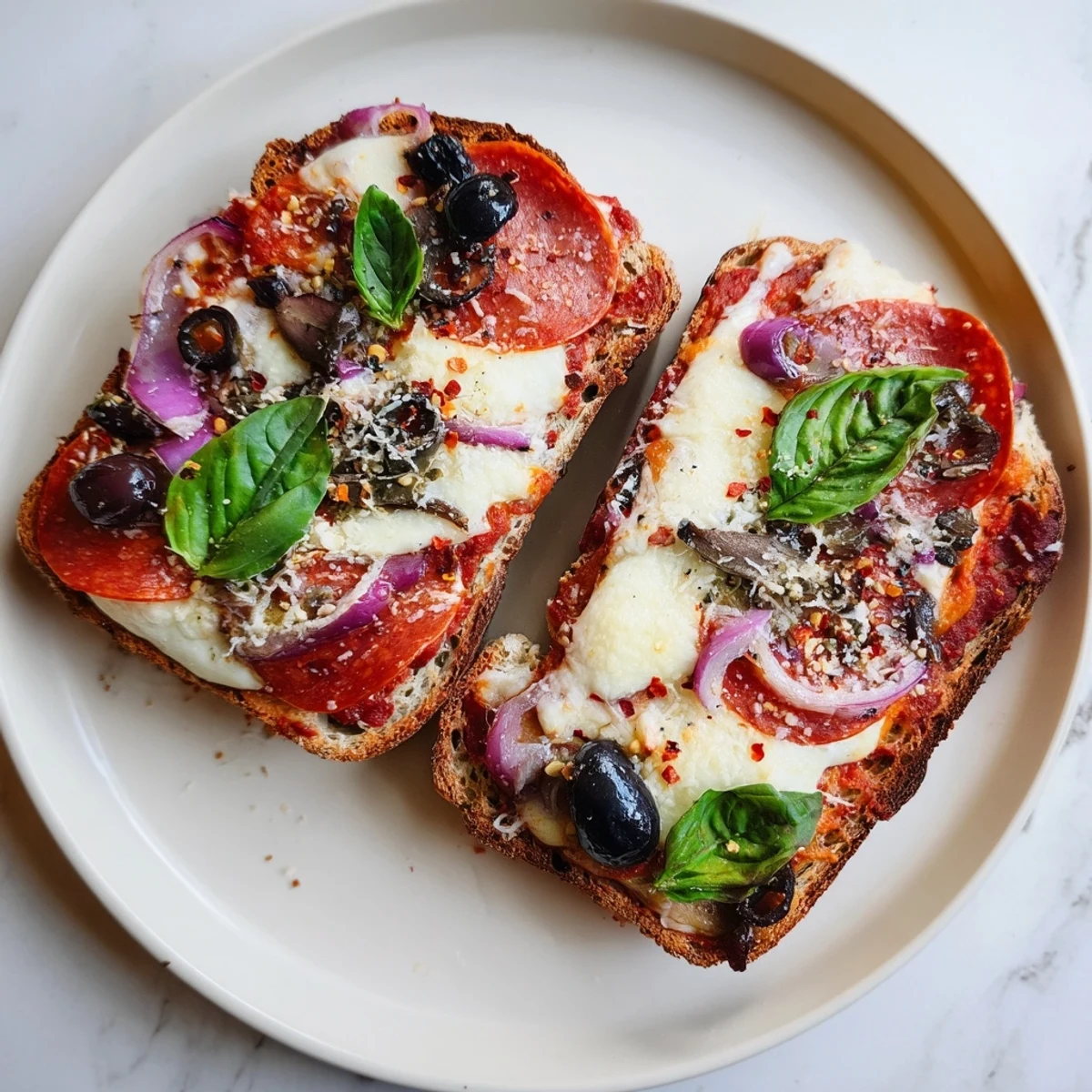 Perfectly broiled Pizza Toast 2.0 boasts layers of melted cheese and flavorful toppings, ready to enjoy.