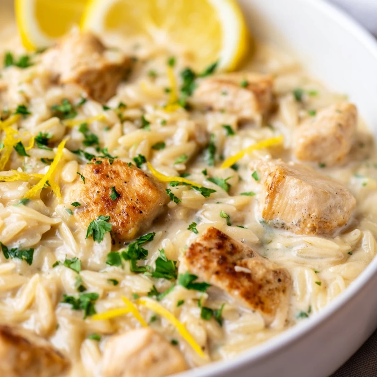 Golden chicken pieces nestled with creamy orzo in a vibrant Creamy Lemon Chicken Orzo dish.