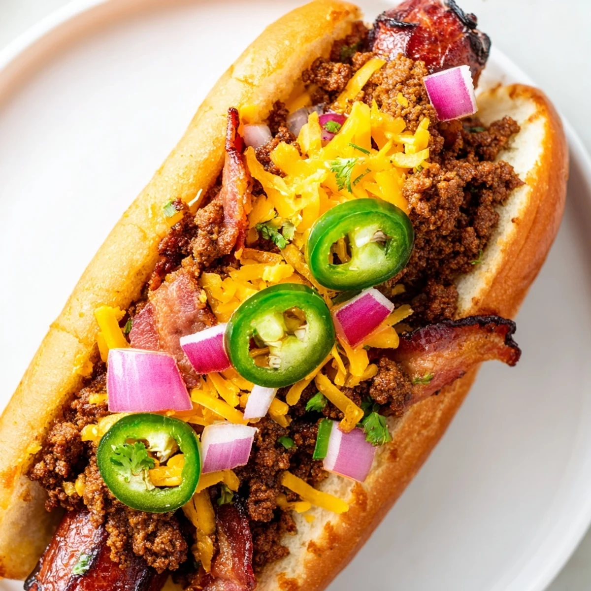 Golden-brown Mexican Hot Dogs with crispy bacon and juicy beef, ready to be enjoyed!