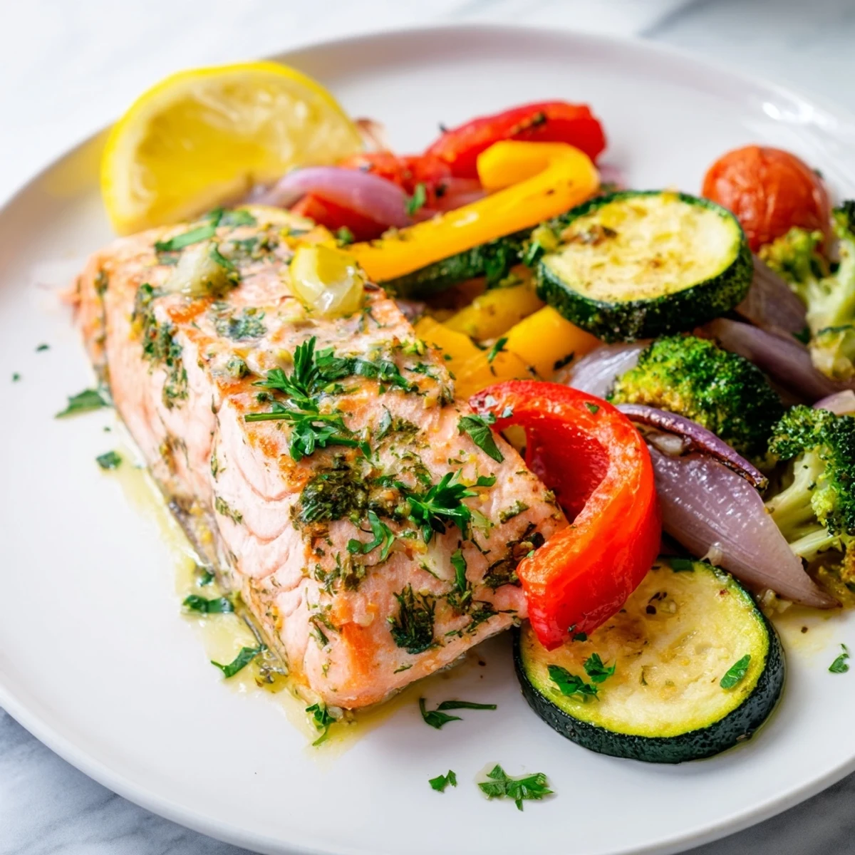 Flaky Salmon Sheet Pan Bake with roasted vegetables, a healthy and colorful dinner idea.