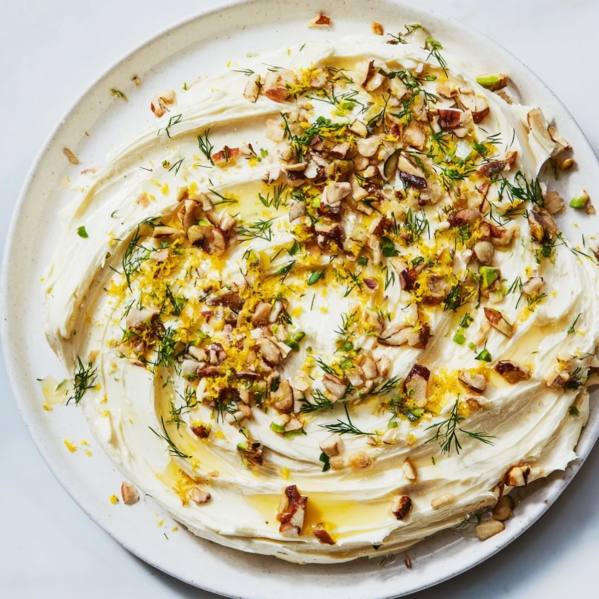 A beautiful butter board charcuterie appetizer, with a vibrant topping of nuts and herbs.