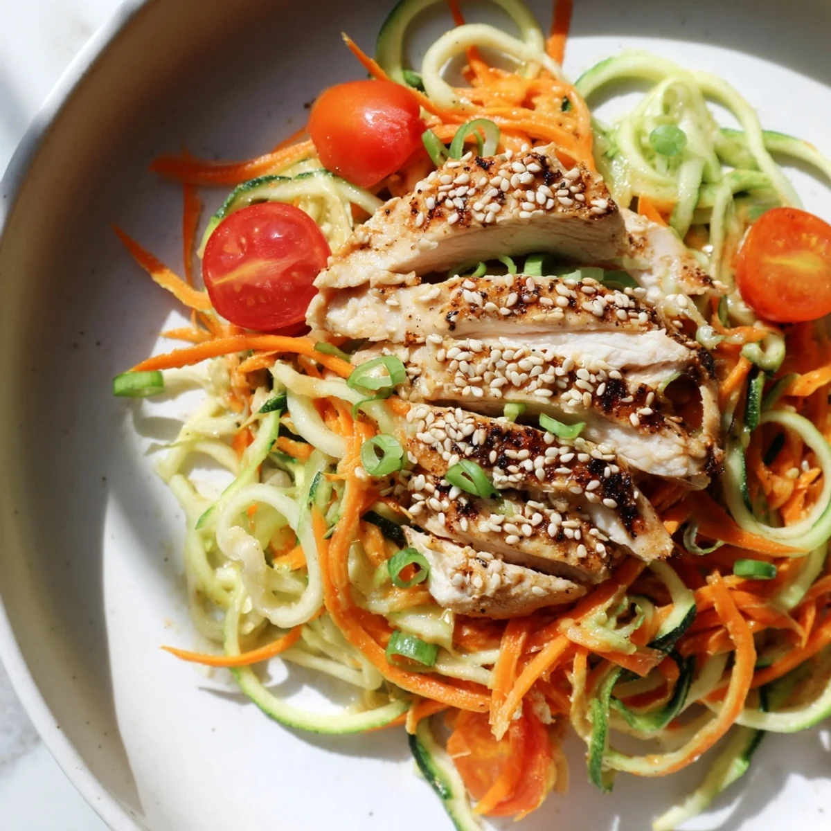 A close-up view of the Protein Cucumber Salad with juicy grilled chicken, sesame seeds, and fresh cilantro garnish.
