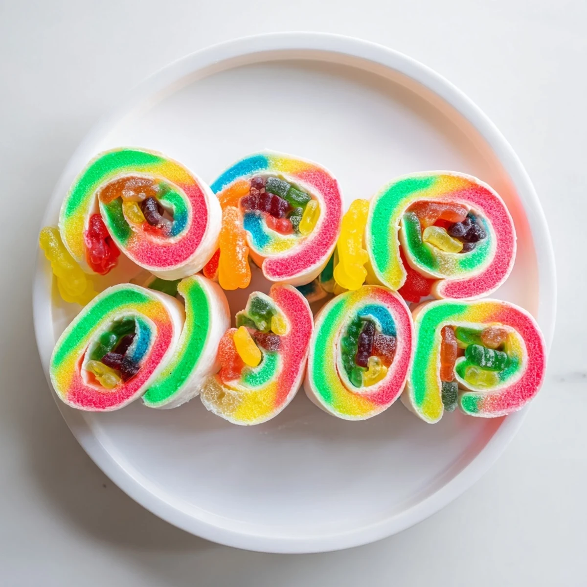 Rainbow Candy Roll Ups, vibrant fruit roll-ups curled with colorful gummy candies, ready to eat!