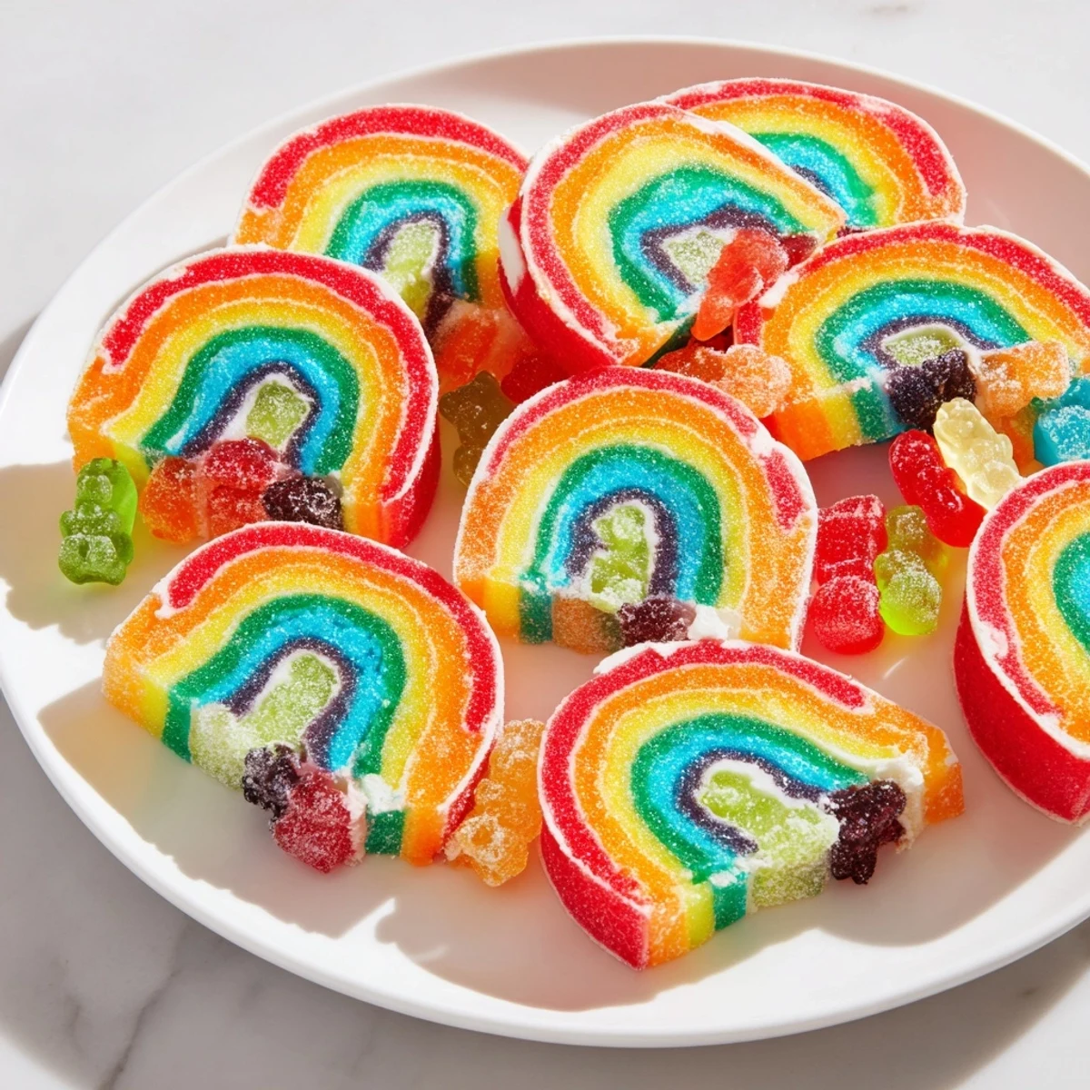 Close-up of Rainbow Candy Roll Ups shows a cross-section of colorful roll-ups and candy pinwheels.
