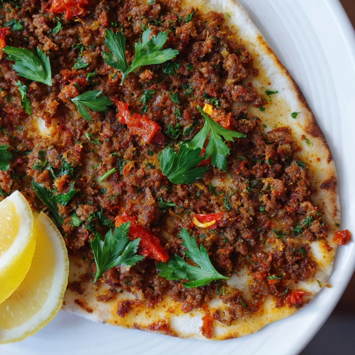 A close-up view shows golden-brown Turkish Lahmacun with flavorful meat and veggie topping.