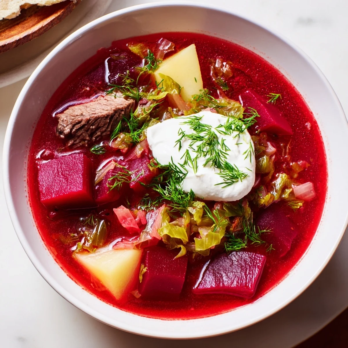 Hearty Ukrainian Borscht, a vibrant soup with tender beef and vegetables; a perfect winter meal.