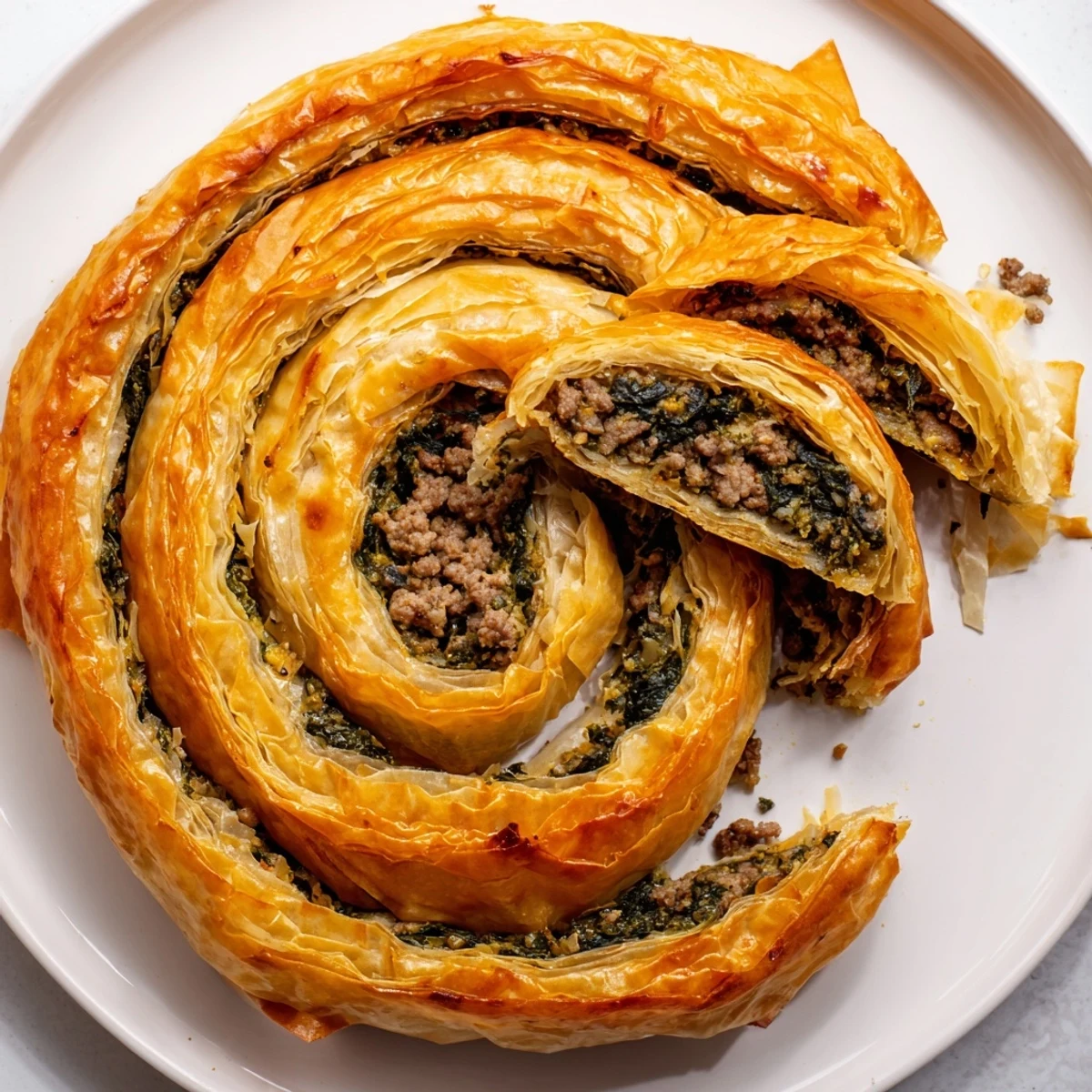 Golden, flaky Bosnian Burek pastry filled with savory beef and spinach, served steaming hot.