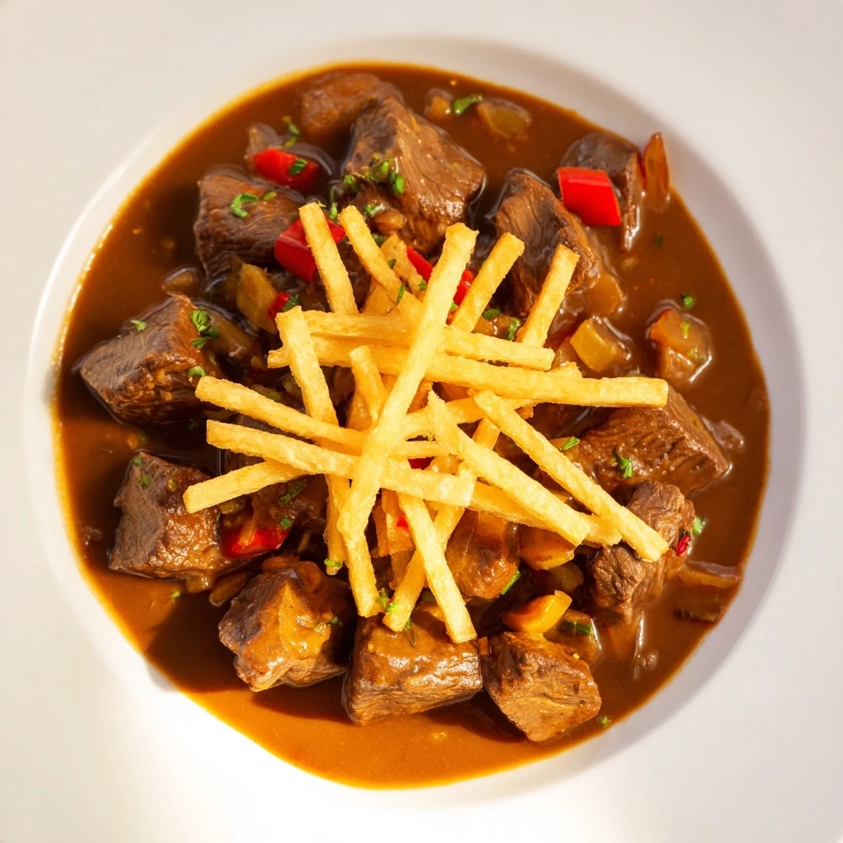A steaming bowl of Czech Goulash with hearty chunks of beef and crispy potato garnish, very appetizing.