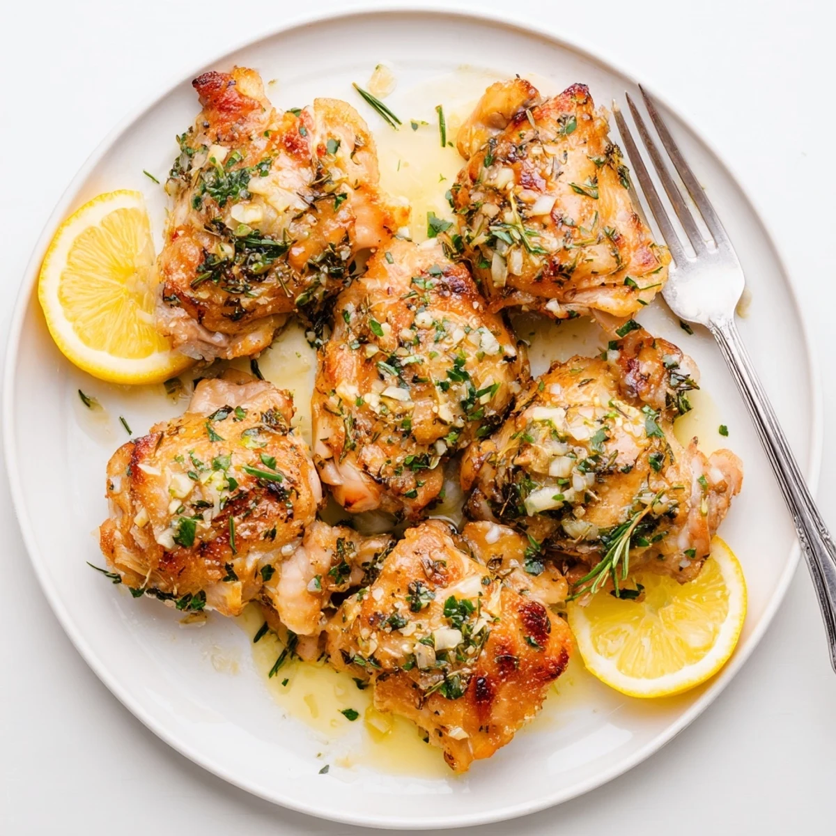 Fresh rosemary and parsley garnish garlic butter chicken thighs, roasted until the skin crackles and the meat stays juicy.