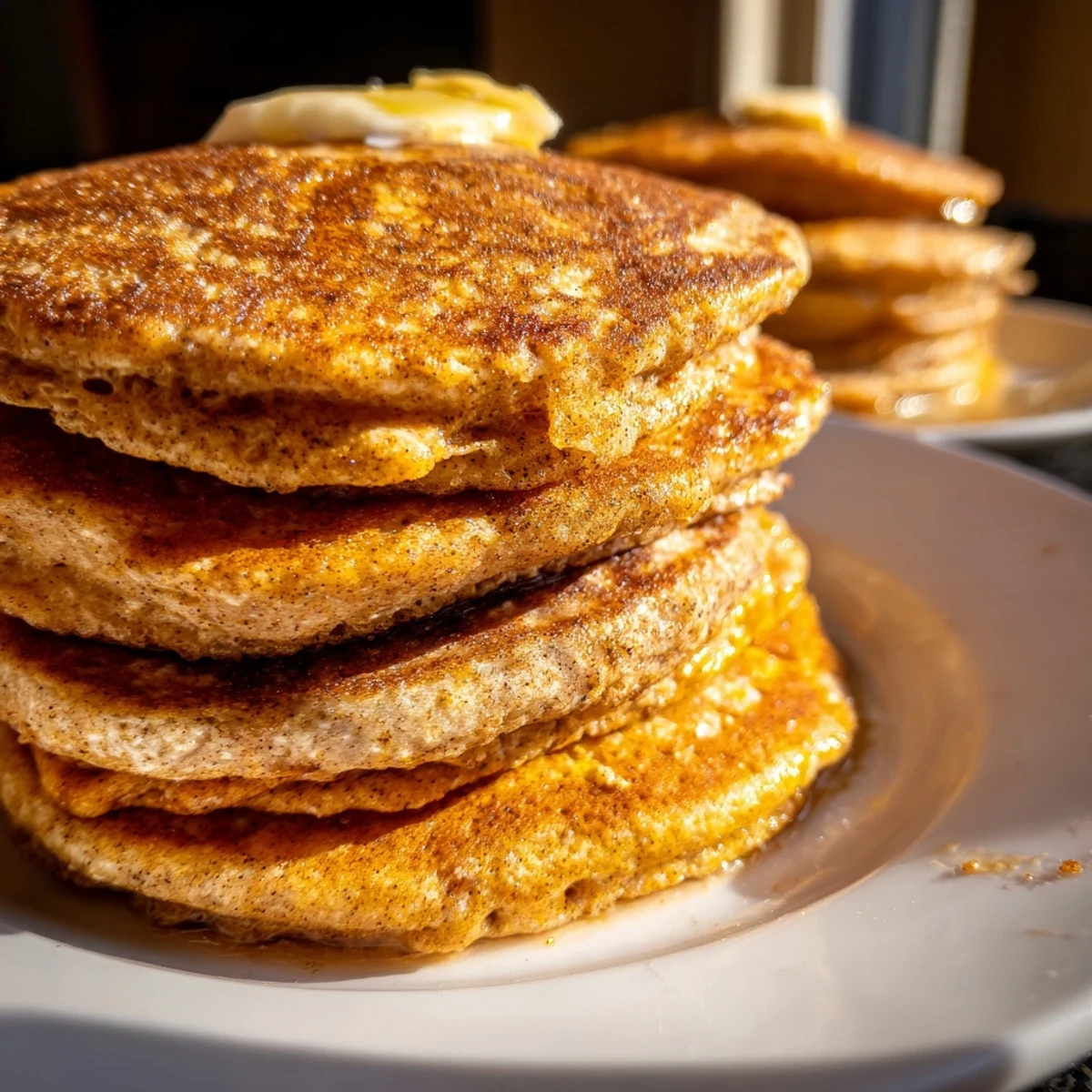 A close-up of fluffy Pumpkin Spice Pancakes garnished with chopped pecans on a rustic plate.