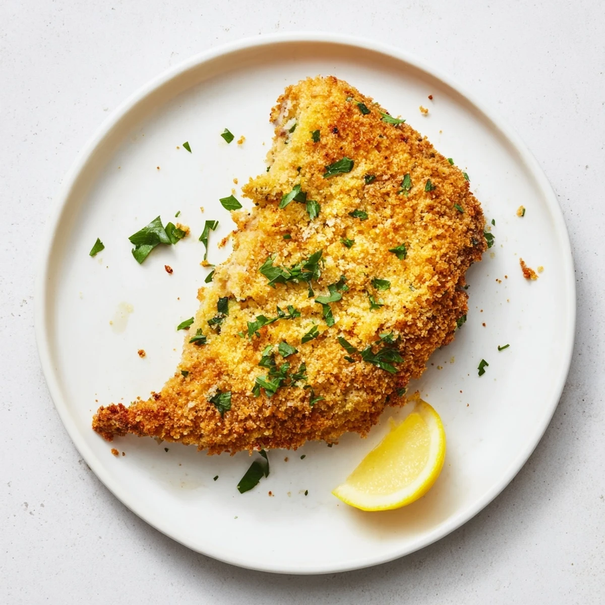 Freshly pan-fried Crispy Parmesan Chicken Cutlet on a rustic wooden board, steam rising, paired with a glass of white wine for a perfect dinner.