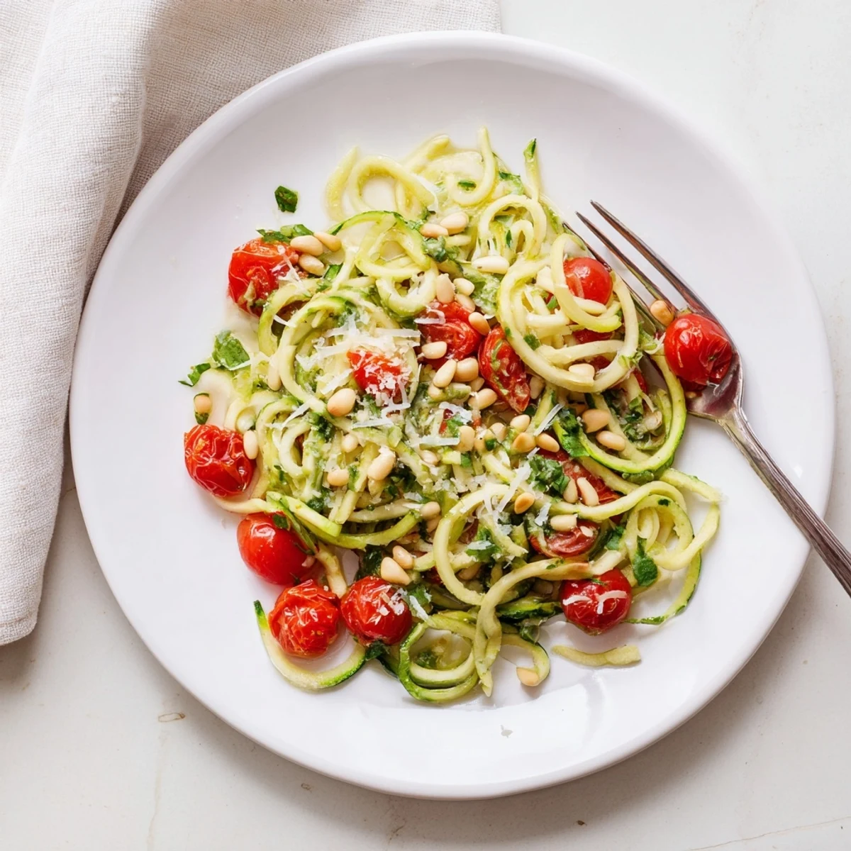 Bright green spiralized zucchini noodles tossed in a creamy avocado pesto, topped with toasted pine nuts and fresh basil leaves.