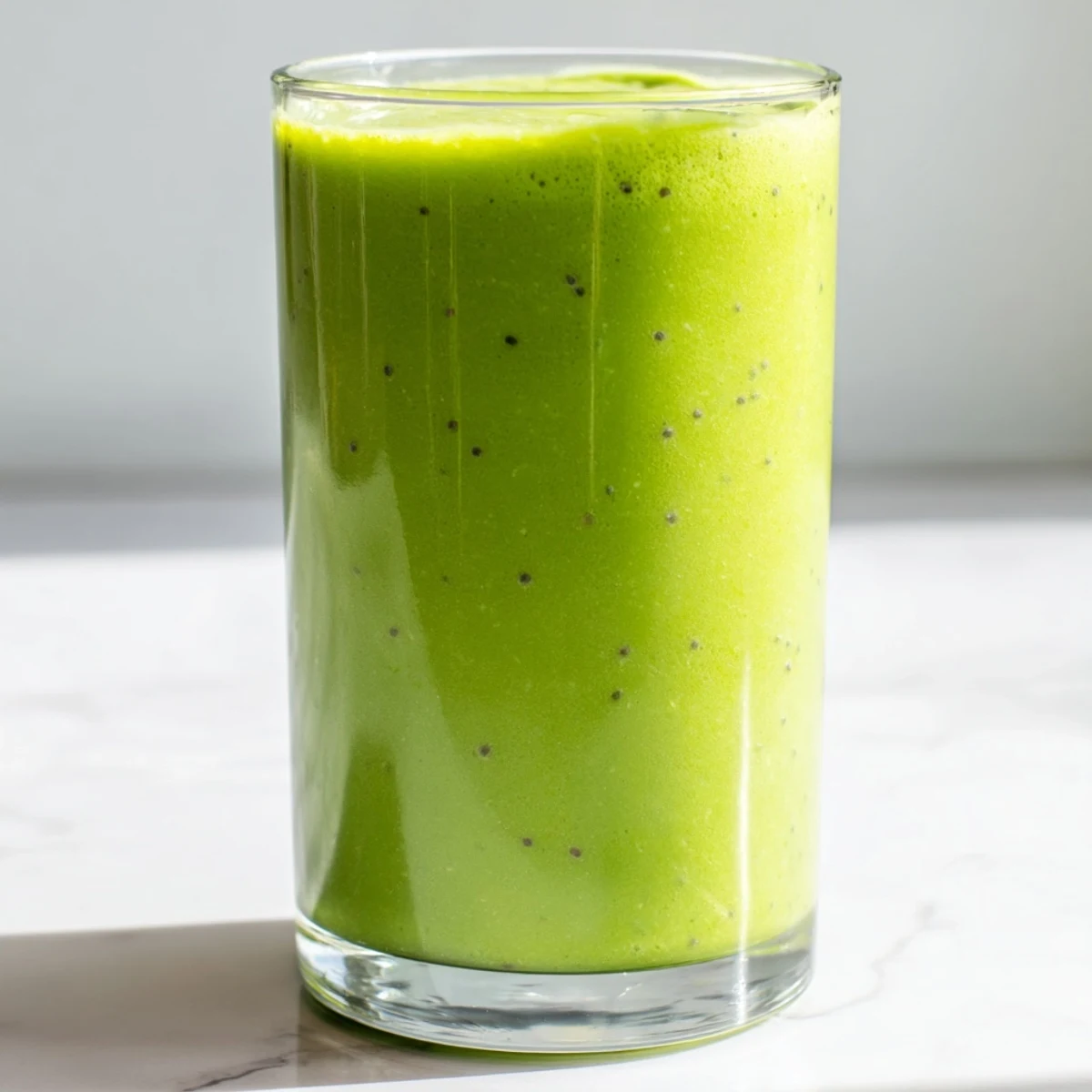 A tall glass of Spinach-Hidden Smoothie beside whole spinach leaves and frozen fruit, highlighting its nutritious and delicious ingredients.