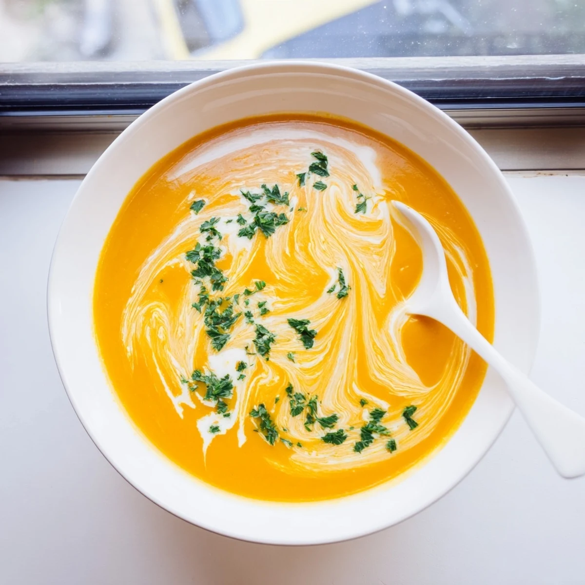 Creamy roasted carrot soup with ginger, swirled with fresh cream and parsley garnish.  