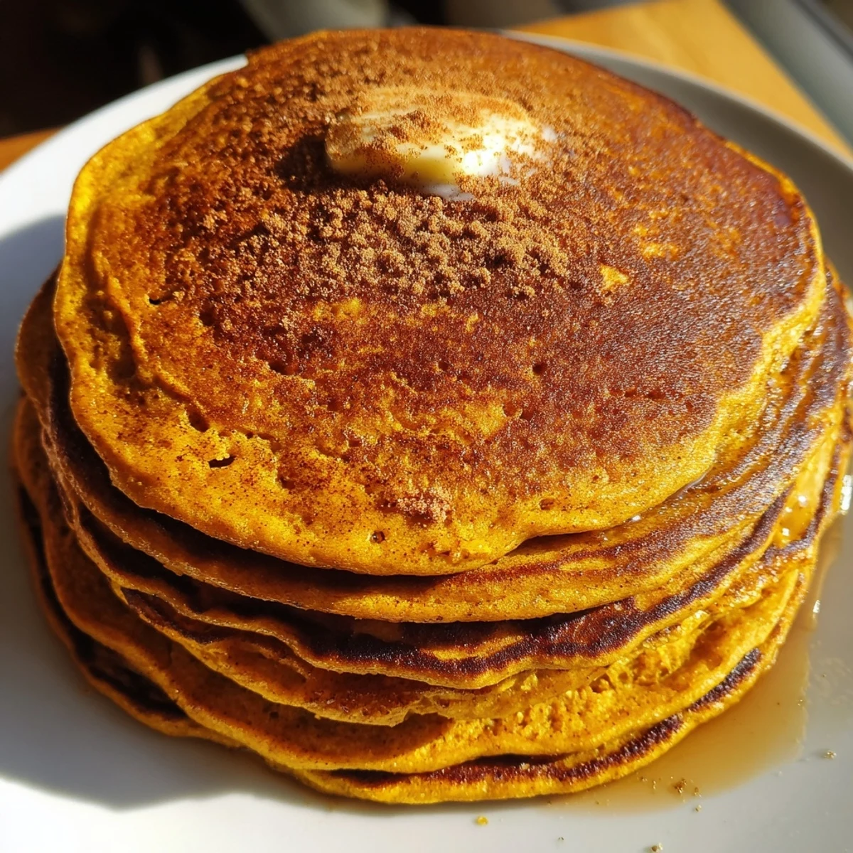 Golden-brown Pumpkin Spice Pancakes stacked high, drizzled with maple syrup and topped with whipped cream.