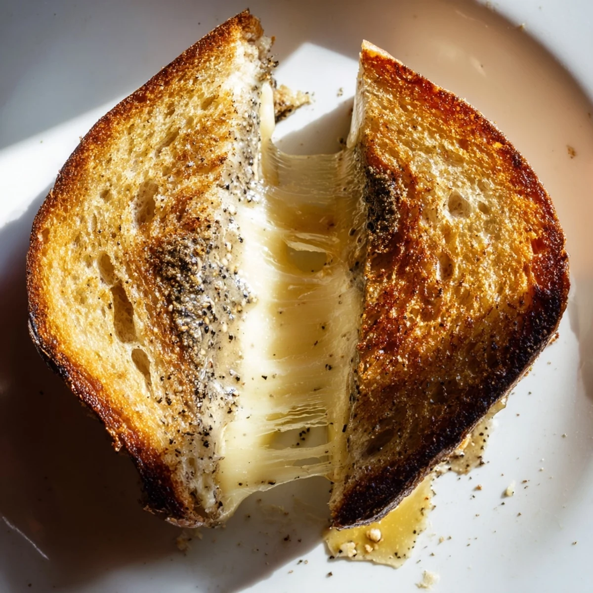 A close-up of a golden Truffle Grilled Cheese sandwich on sourdough, with melted Gruyère oozing from the crispy, buttery crust.  