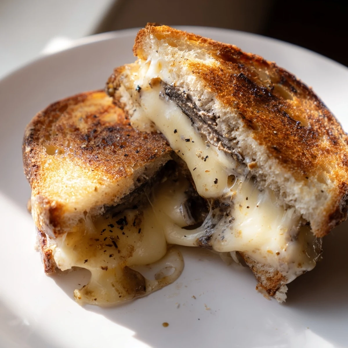 A decadent Truffle Grilled Cheese sits beside a glass of white wine, ready to serve for an elegant snack.