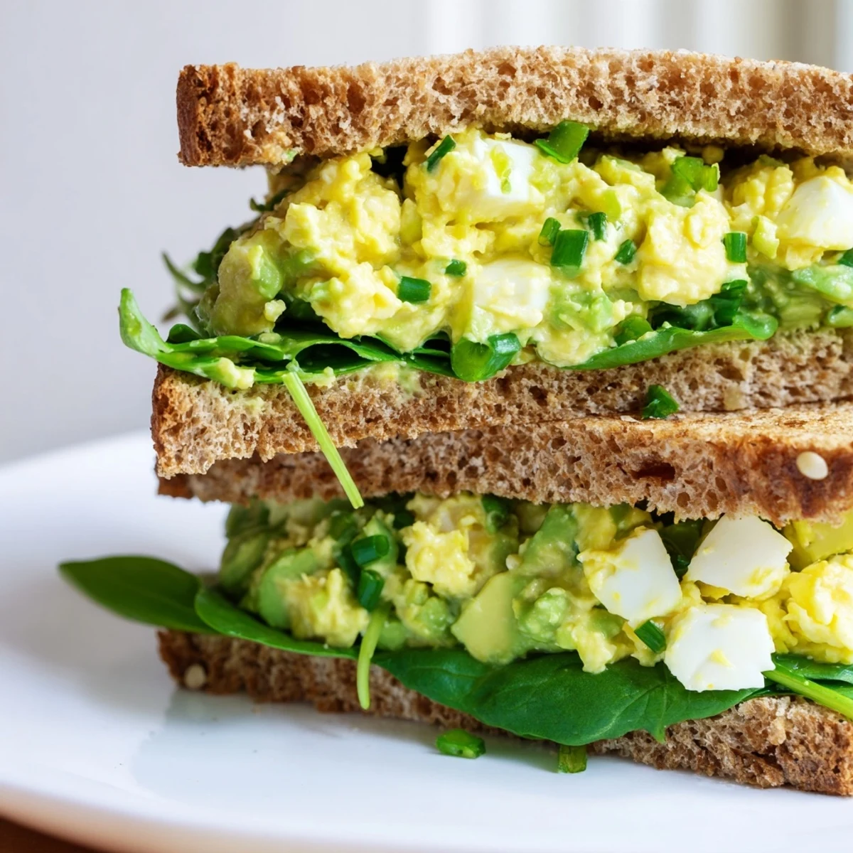 Creamy avocado egg salad sandwich layered with fresh spinach and ripe tomato slices on toasted whole grain bread.