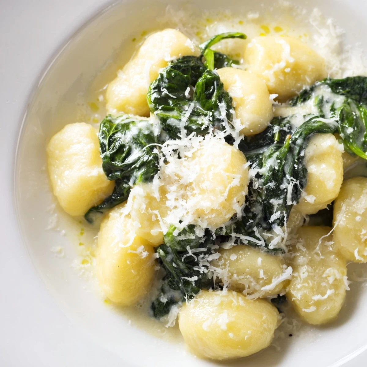 Steaming, creamy garlic gnocchi with wilted spinach and melted Parmesan served in a cozy bowl for comfort.