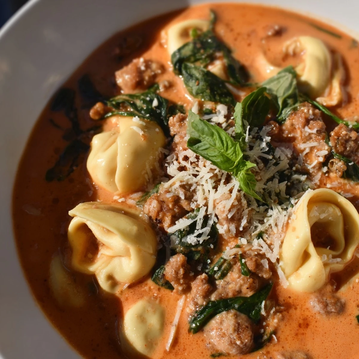 Hearty Tuscan Tortellini Soup simmering in a pot, featuring cheese tortellini, savory sausage crumbles, and fresh spinach in a creamy tomato base.  