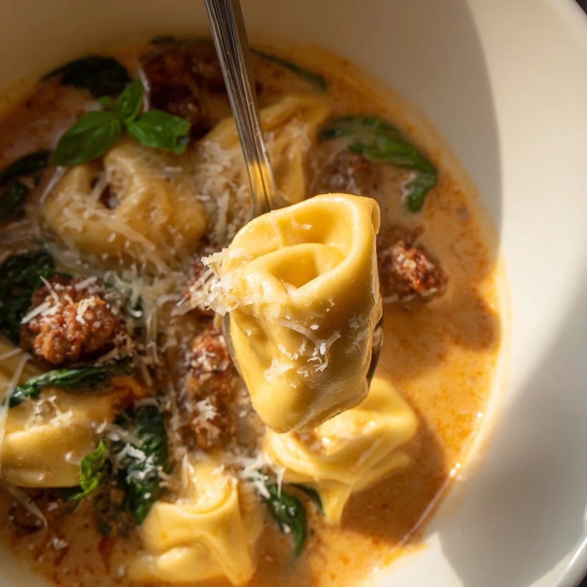 Creamy Tuscan Tortellini Soup with Italian sausage, wilted spinach, and tender pasta in a rich tomato broth, perfect for chilly evenings.  