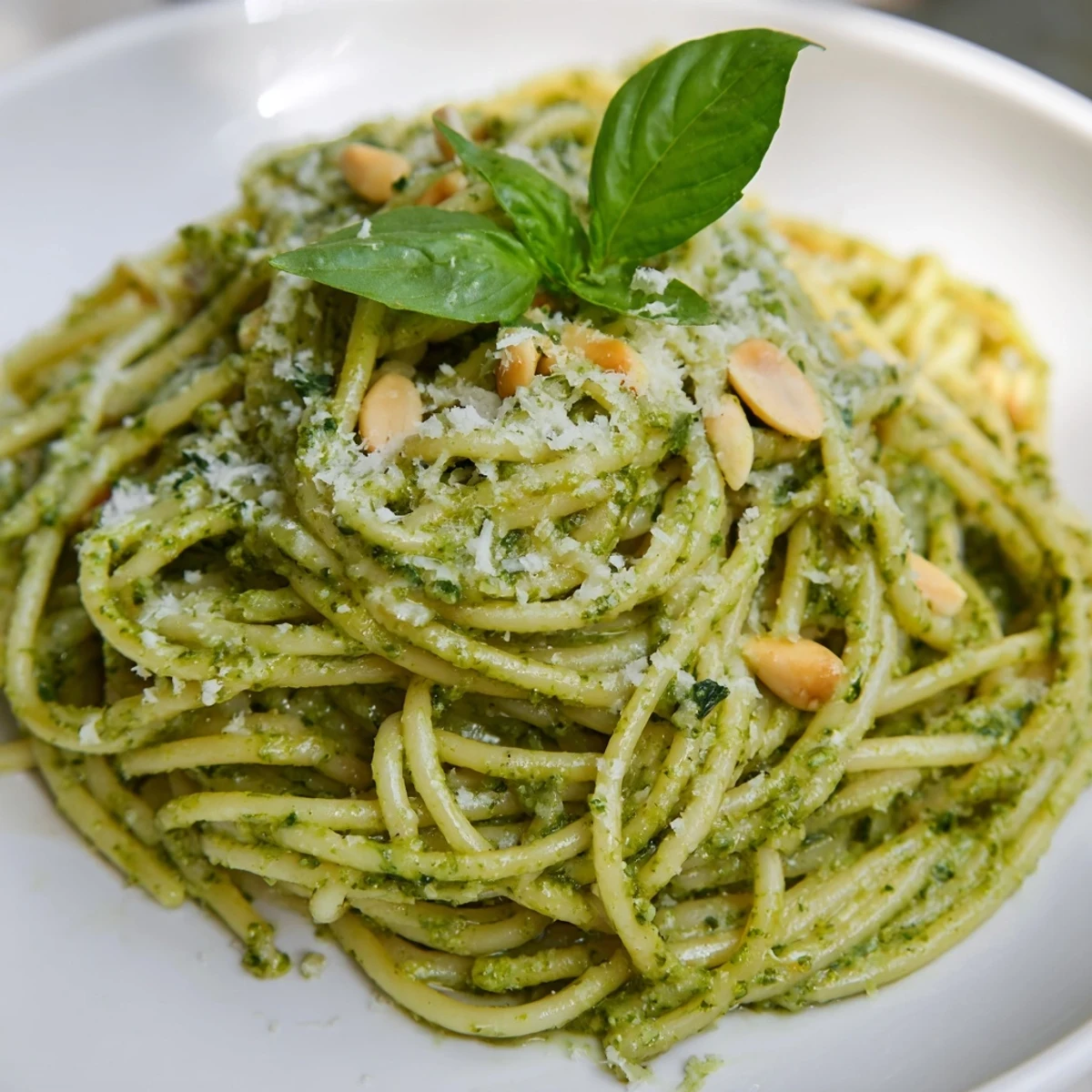 Creamy Sunflower Seed Pesto Pasta tossed with al dente noodles, vibrant basil, and a generous dusting of Parmesan cheese.