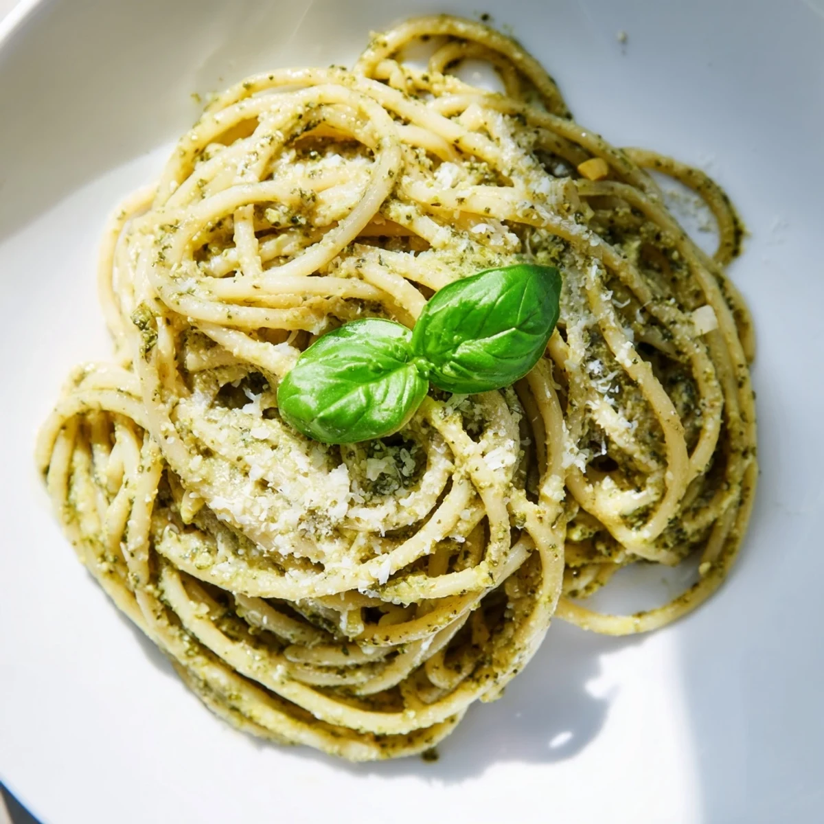 Serve Creamy Sunflower Seed Pesto Pasta warm, garnished with extra Parmesan and a lemon wedge for a bright finish.