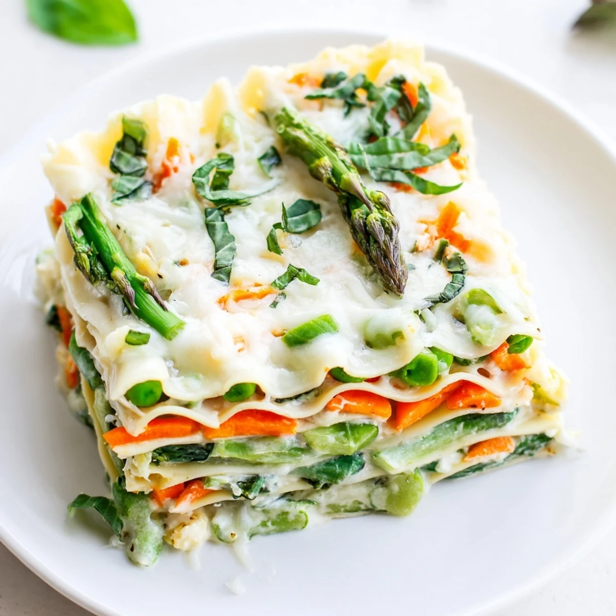Golden, bubbly Spring Veggie Alfredo Lasagna fresh from the oven, topped with vibrant green asparagus and peas on a rustic table.  