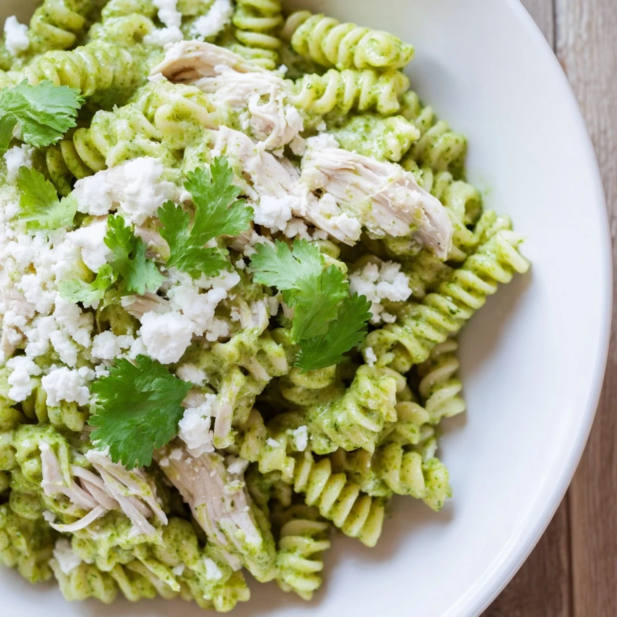 Tossing al dente rotini with tender shredded chicken in a bright cilantro-lime yogurt sauce, topped with crumbled cotija.