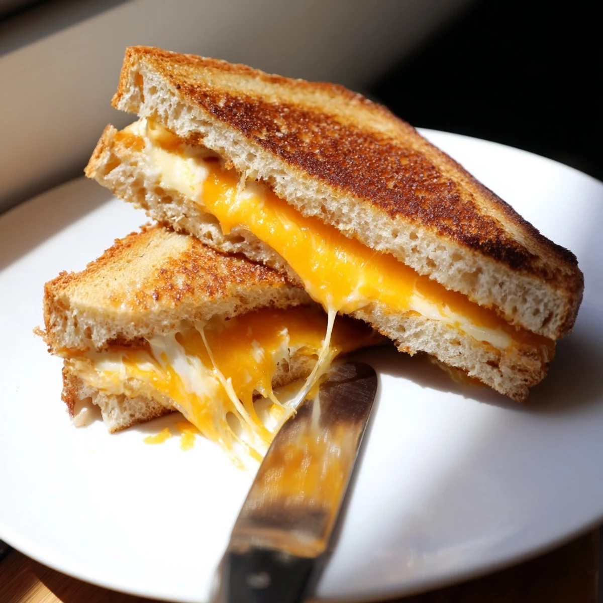 Golden-brown Triple Cheese Sourdough Grilled Cheese oozing with melted cheddar, provolone, and mozzarella on a plate.