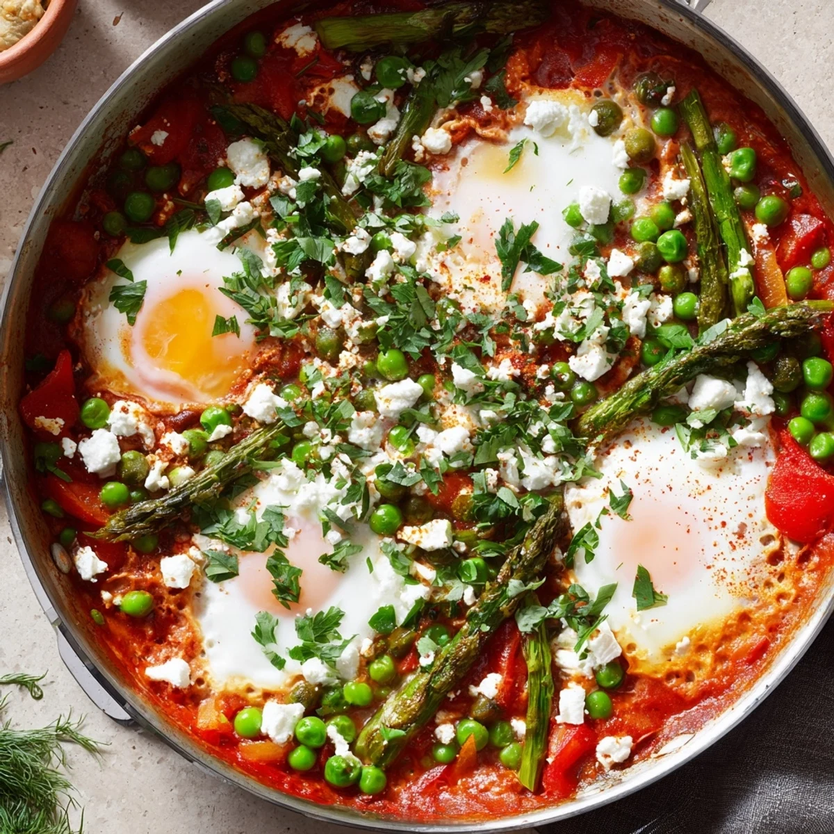 Colorful serving of Pea and Broad Bean Shakshuka topped with crumbled feta and mint, ready to be enjoyed with bread.