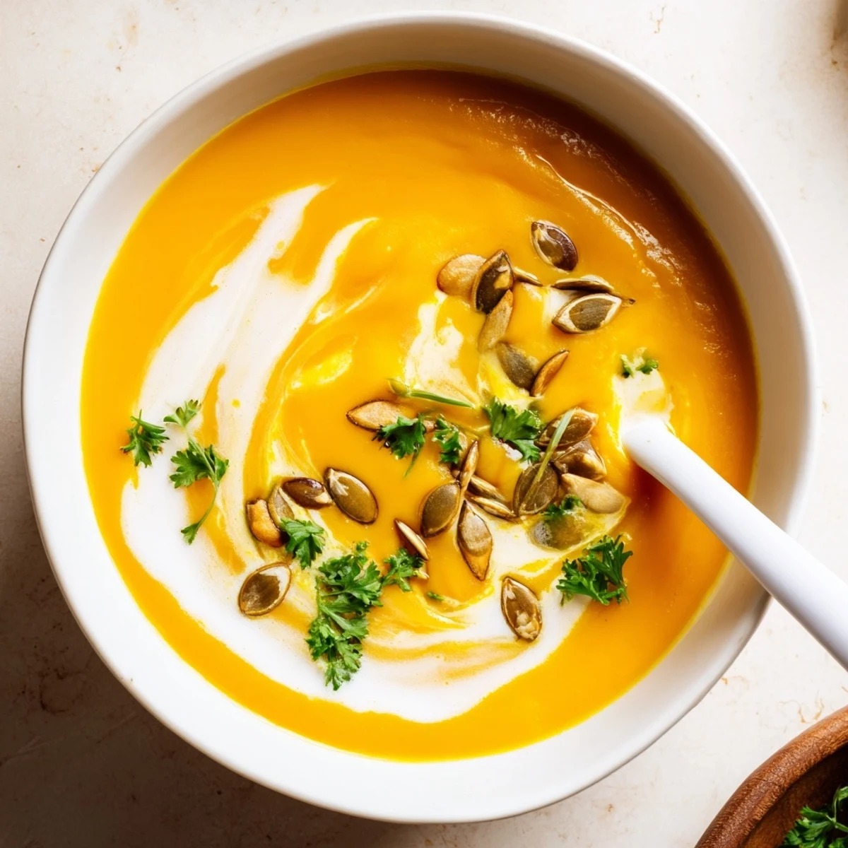 Silky, bright orange butternut squash soup swirled with creamy coconut milk, topped with toasted pumpkin seeds and fresh parsley.  