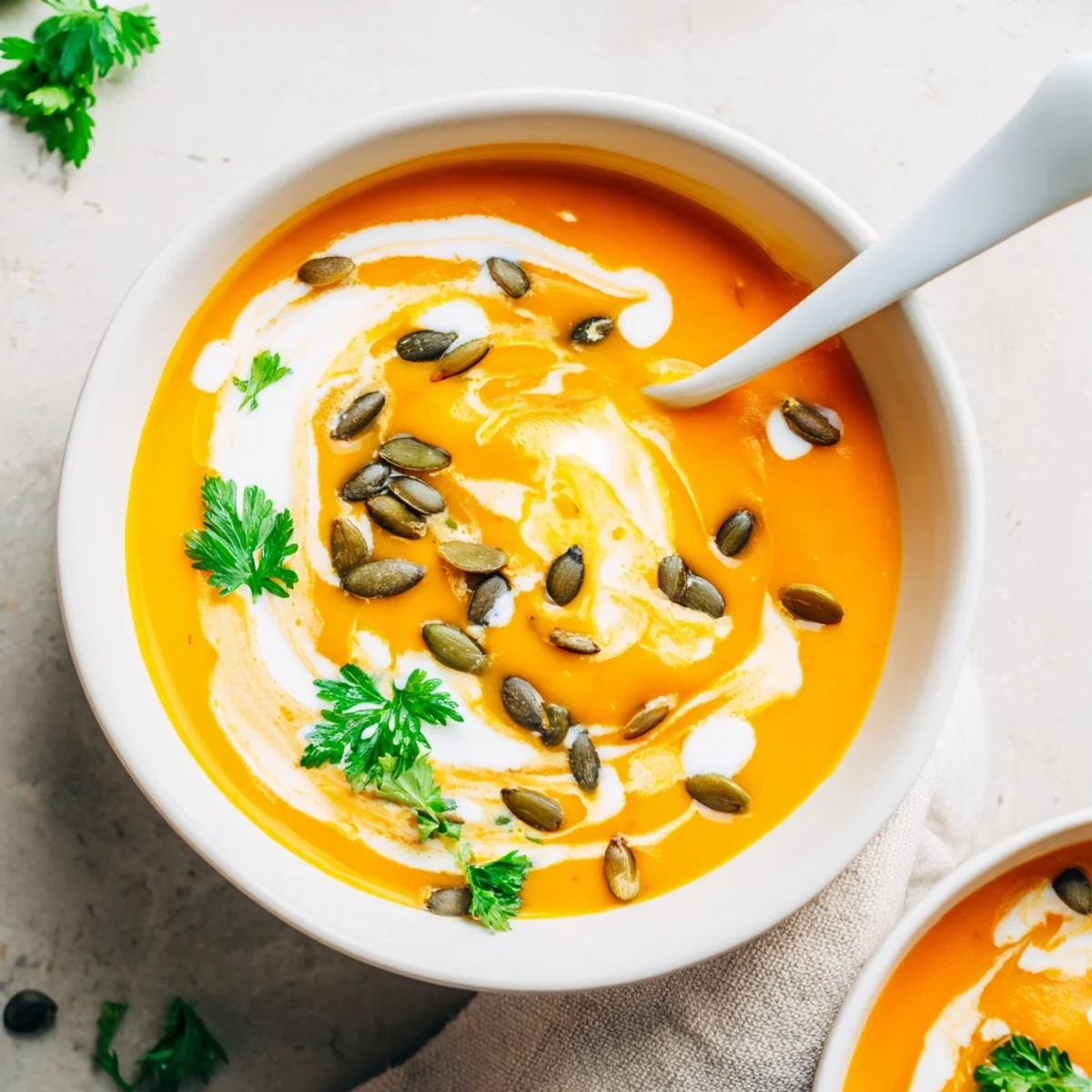 A warm bowl of velvety butternut squash soup garnished with herbs and seeds, ready for a cozy winter dinner.  
