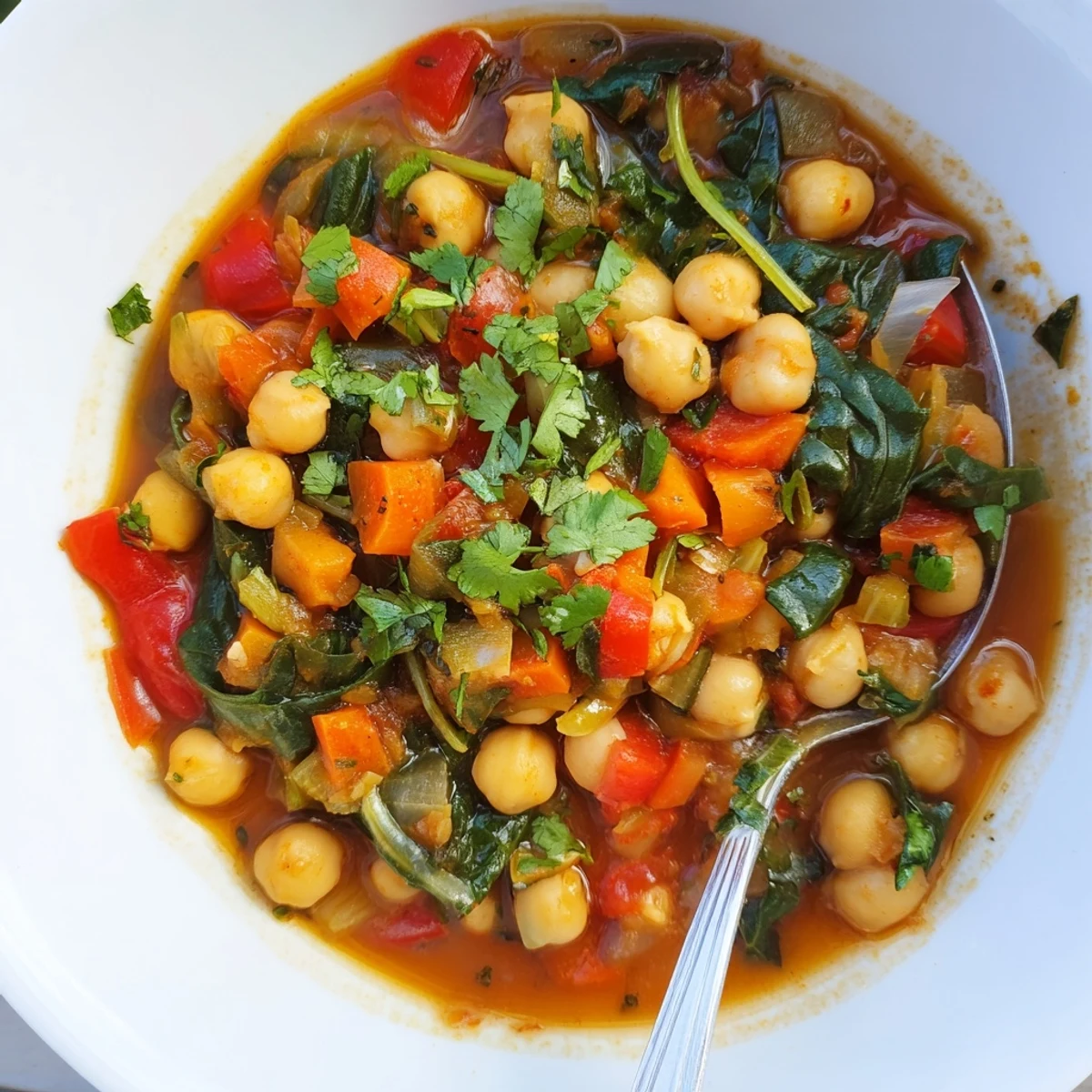 Close-up of Spicy Chickpea Stew in a rustic pot, featuring tender chickpeas and wilted spinach in a rich tomato broth.