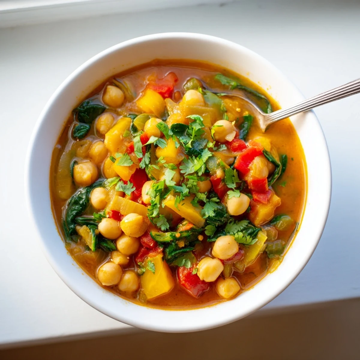 Hearty Spicy Chickpea Stew in a white bowl, garnished with parsley, alongside crusty bread for dipping.