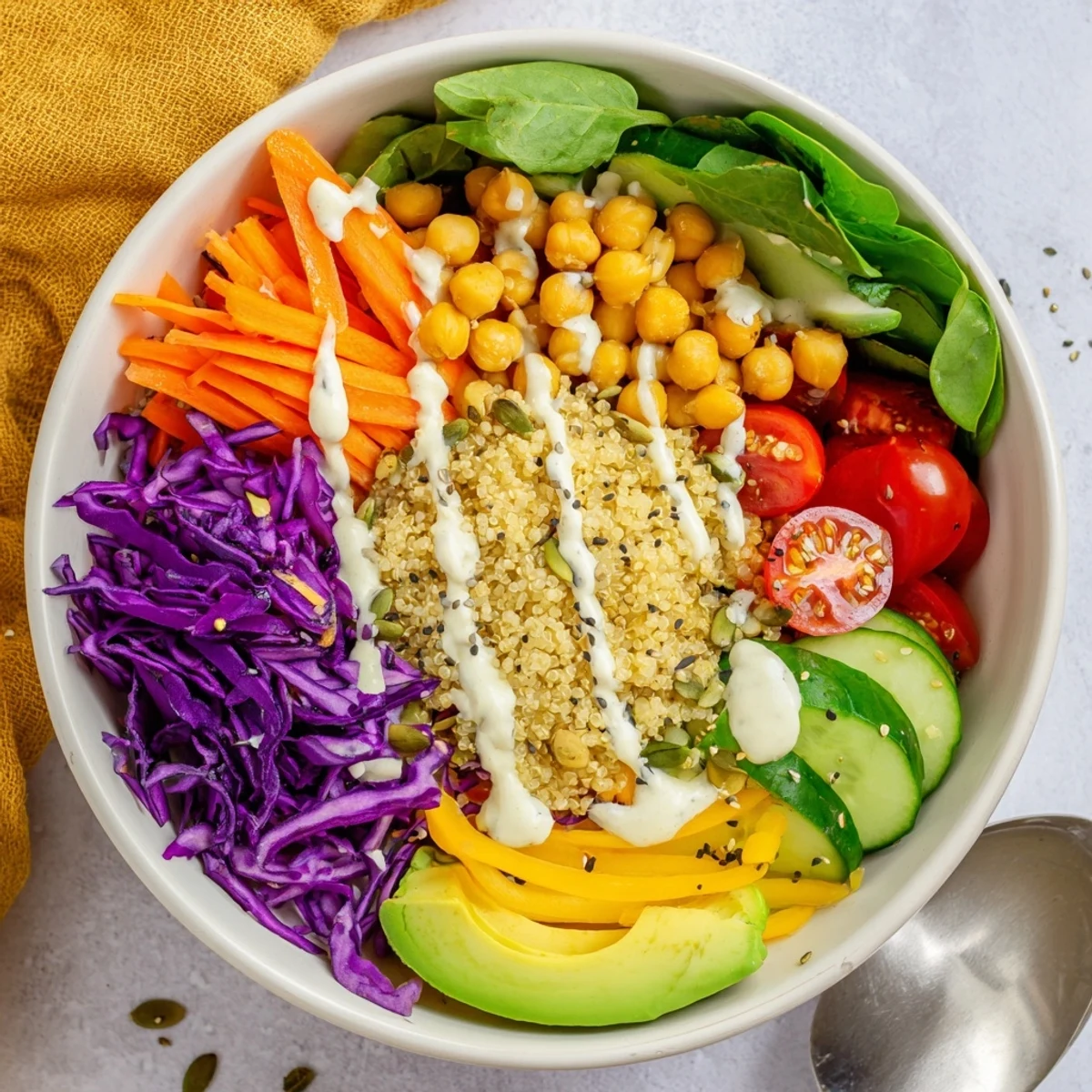 This Rainbow Buddha Bowl with Quinoa features vibrant veggies, chickpeas, and a creamy tahini drizzle.