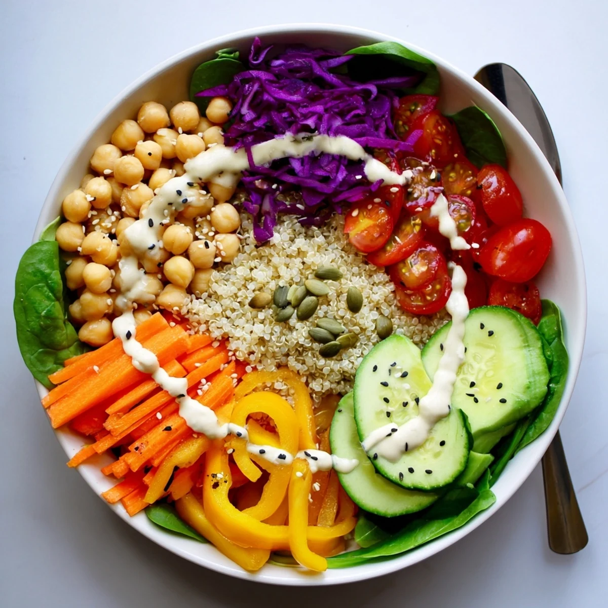A nutritious Rainbow Buddha Bowl with Quinoa topped with avocado, pumpkin seeds, and colorful fresh vegetables.