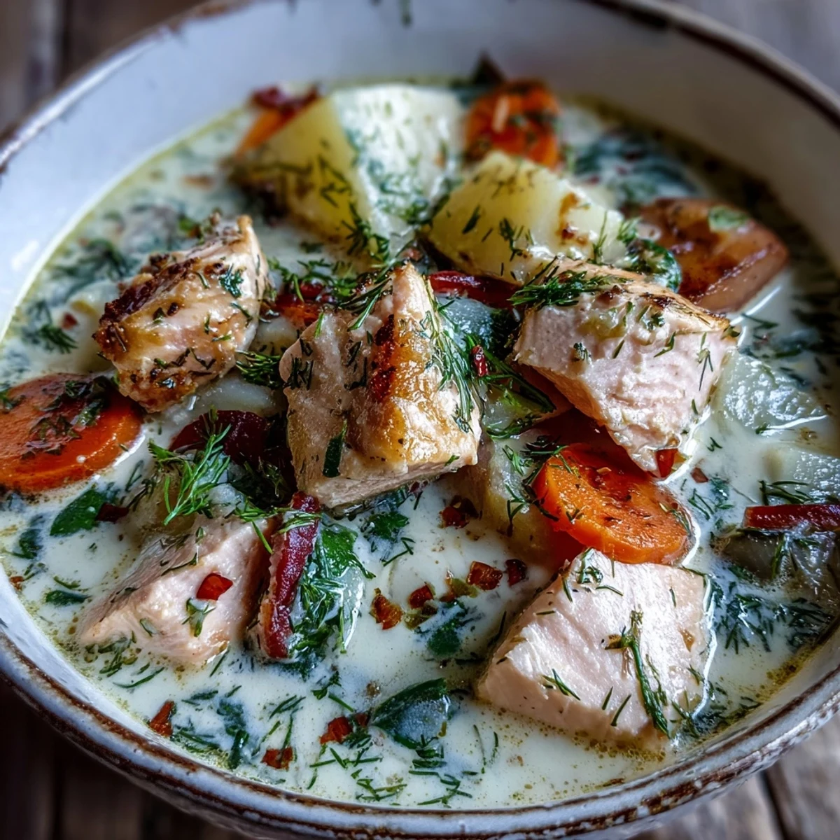 Creamy Finnish Salmon Soup with tender salmon, potatoes, and dill served warm in a rustic bowl.