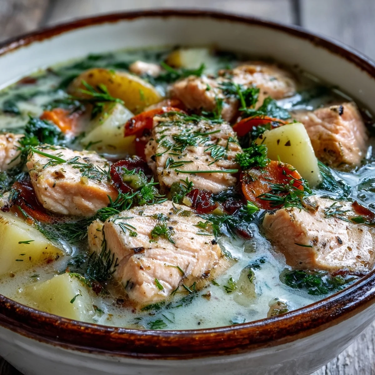 A close-up of Finnish Salmon Soup featuring chunks of salmon, carrots, and leeks in rich broth.