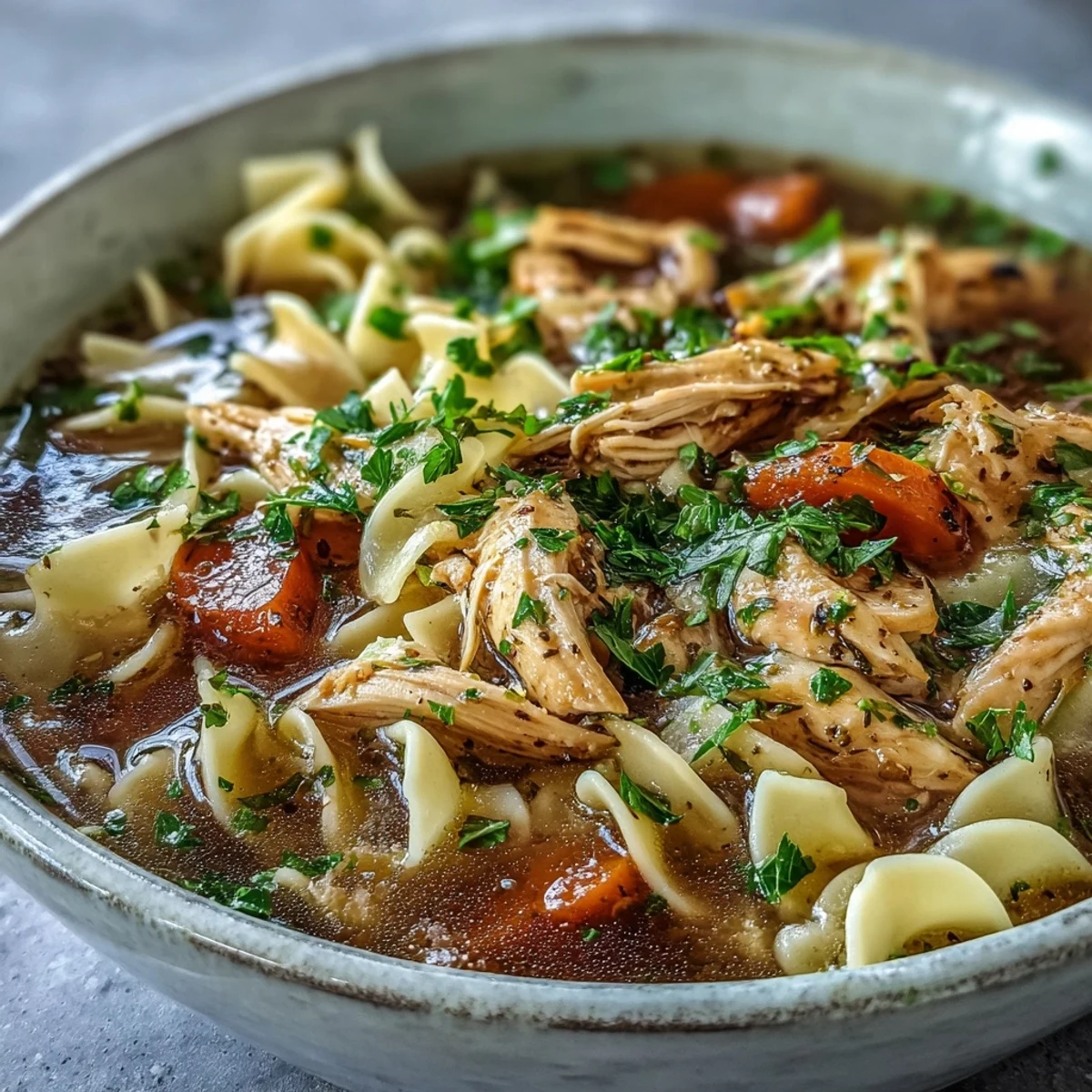 Hearty bowl of homemade Chicken and Noodle Soup with tender shredded chicken, carrots, and celery in golden broth.