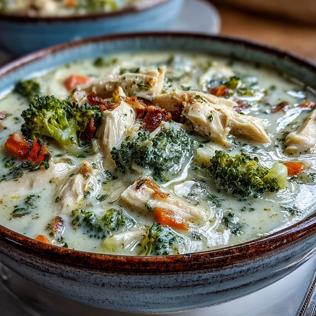 A ladle of rich Best Chicken Broccoli Cheddar Soup pouring over a slice of crusty bread on a wooden table.