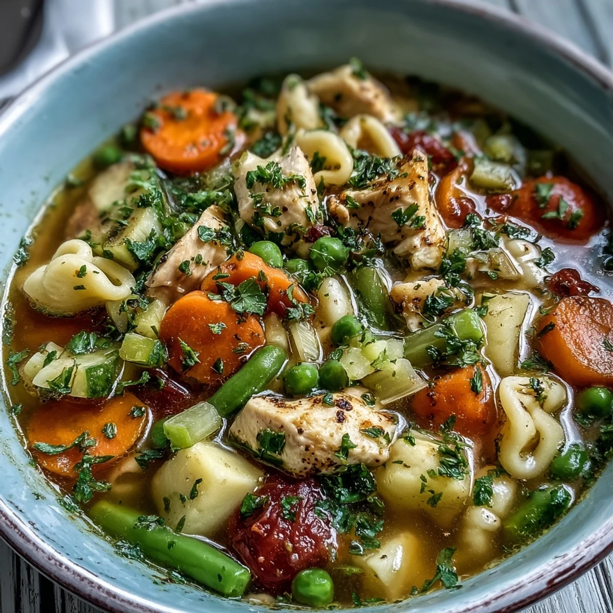 A close-up photo of steaming Pasta Soup With Chicken and Vegetables in a rustic bowl, garnished with fresh parsley.