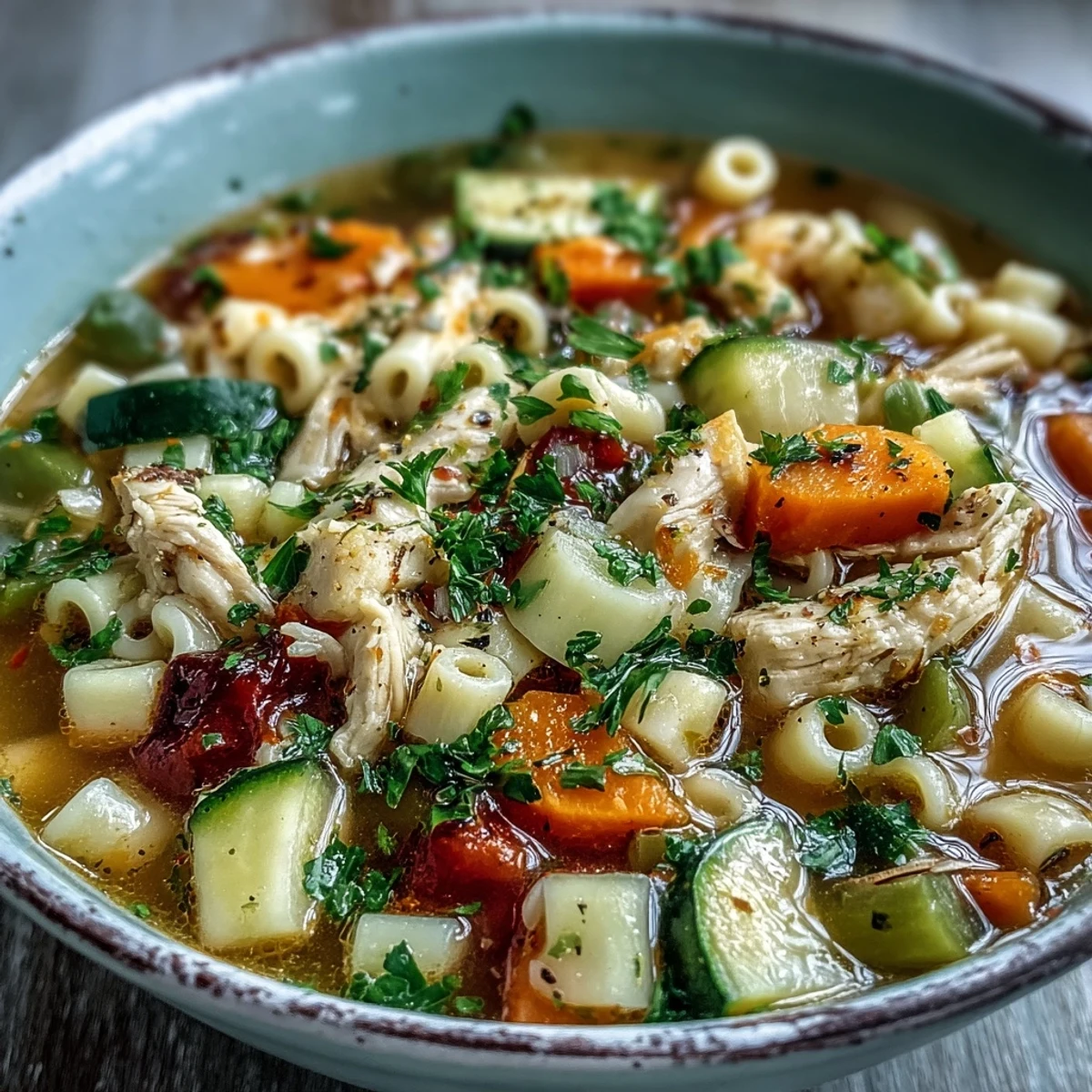 Hearty Pasta Soup With Chicken and Vegetables served in a white bowl with crusty bread on the side.